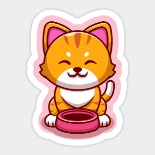 Cute Cat With Cat Bowl Cartoon Sticker